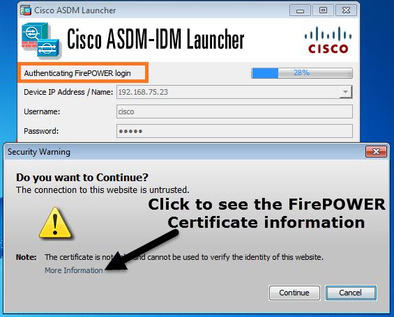 O ASDM autentica FirePOWER e um aviso da Segurança é mostrado desde que o certificado de FirePOWER auto-é assinado: Etapa 4