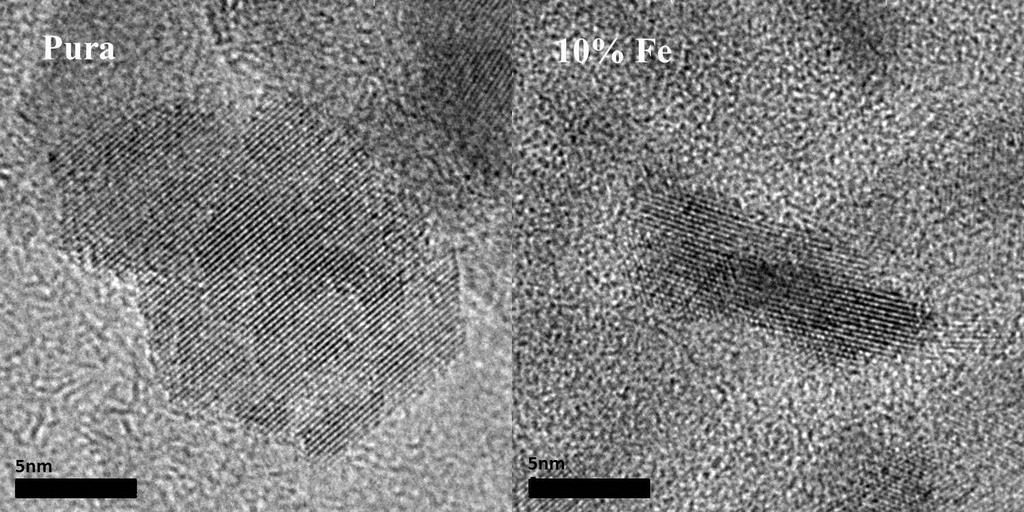 Figura 4.6: Imagens de MET de duas amostras sintetizadas a 350ºC durantes 3 horas, sendo uma delas pura e a outra com 10% do dopante Fe.