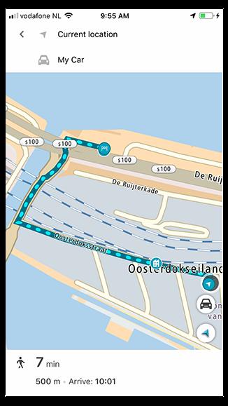 A aplicação TomTom MyDrive guia-o de volta ao seu automóvel, disponibilizando um percurso pedestre. 3.