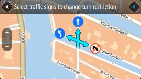 7. Selecione os sinais de trânsito para alterar as restrições de direção para cada rua no cruzamento. 8. Selecione Comunicar.