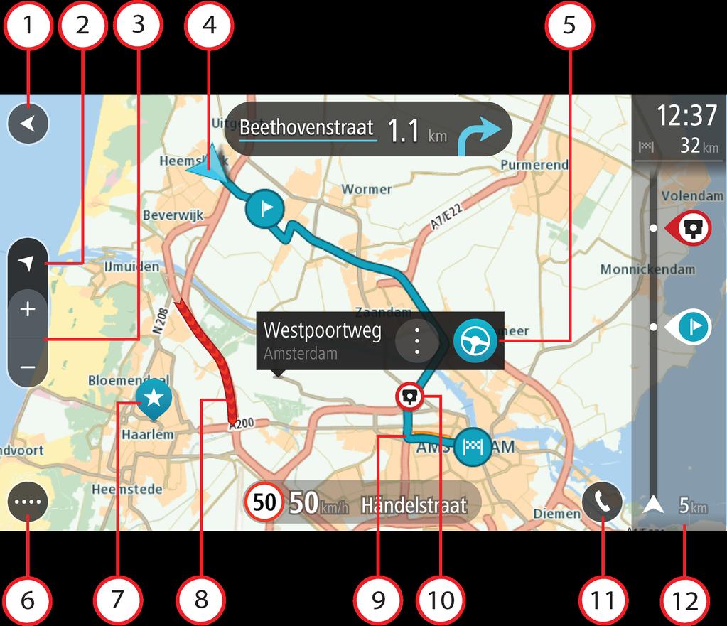 Se tiver um percurso planeado, o seu percurso completo é mostrado no mapa. Pode adicionar paragens ao percurso diretamente a partir do mapa.