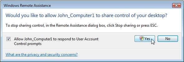 Passo 9 Do Computador2, clique em Permitir John_Computer1 para responder à solicitação de Controle de Conta de Usuário.