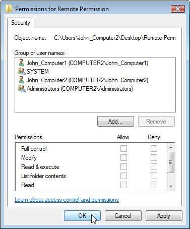 Certifique-se que o nome do usuário do Computador1 está listado no Computador2.
