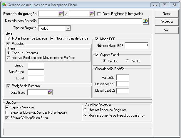 5. Geração da Integração Fiscal Em Módulos / Integração / Geração / Integração Fiscal gere um arquivo em formato texto contendo as informações das Notas Fiscais de Vendas, Compras e Serviços, o que