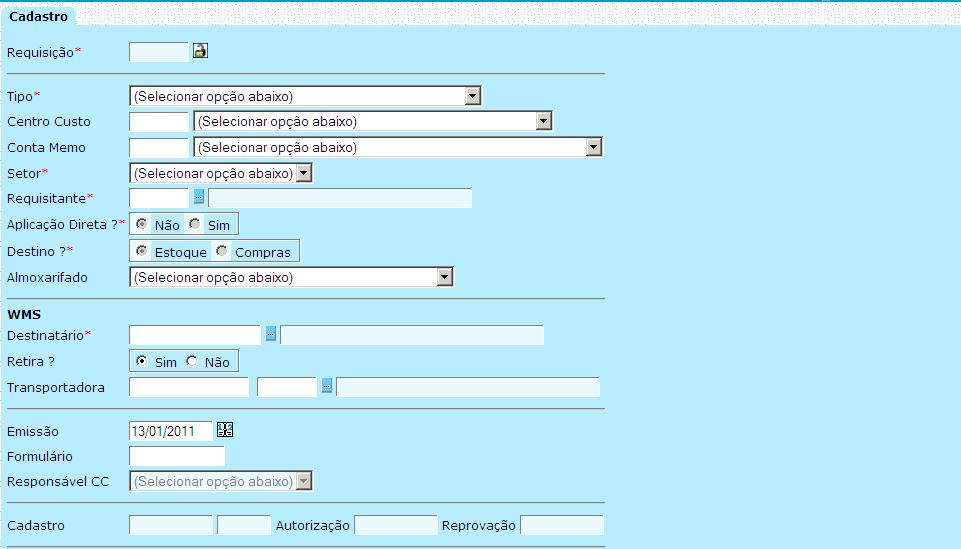 Na tela seguinte, infrmar cadastr, material, tip de despesa, quantidade requisitada e salvar.