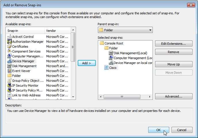 Nota: Quando perguntado o que o computador do snap-in irá gerir, selecione padrão e clique em Concluir. Clique em OK para aceitar todas as alterações.