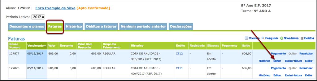 Como cancelar ou excluir faturas ou débitos de um aluno?