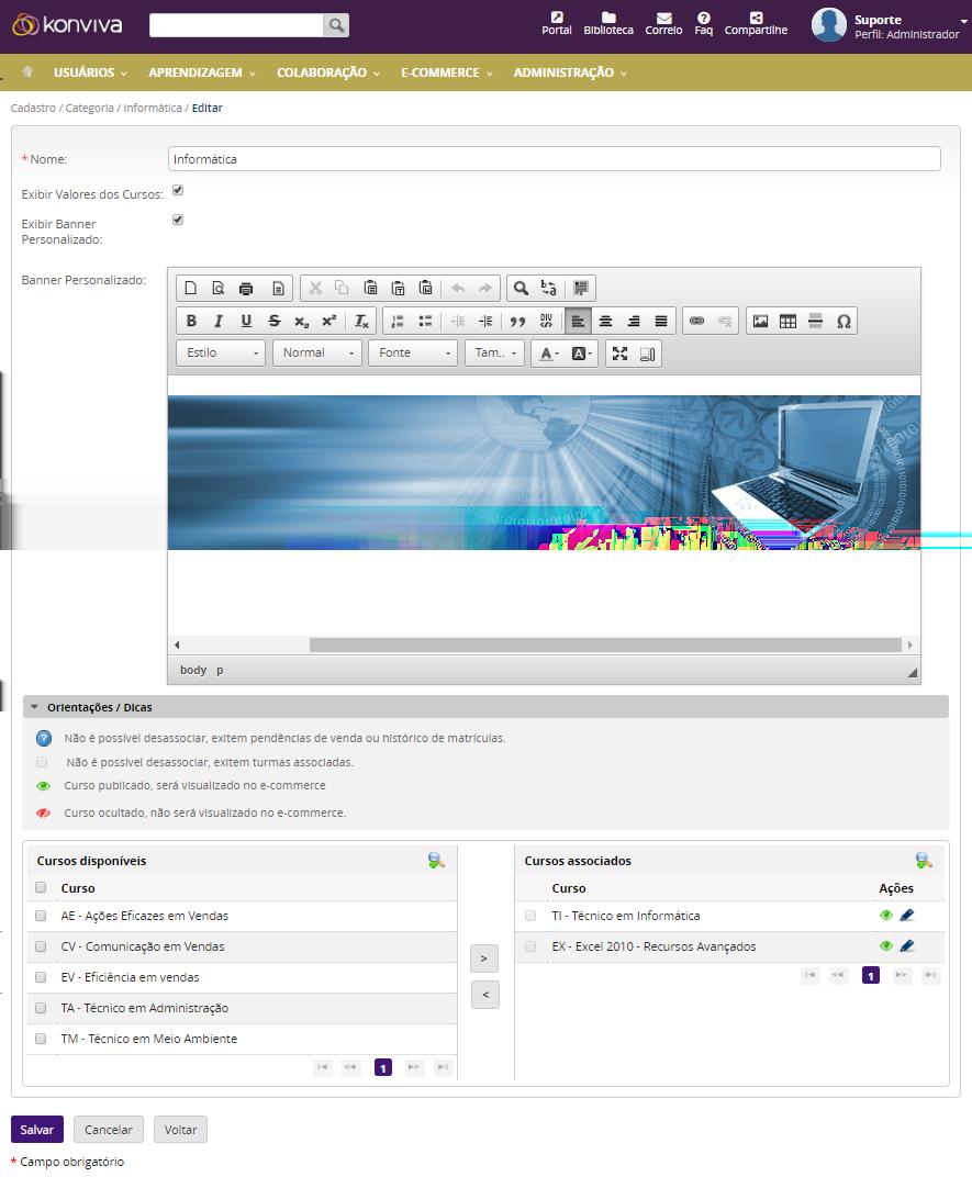 Você deve associar as turmas que você deseja que apareçam como também configurar o preço do turma, basta clicar na edição do curso, associar a(s)