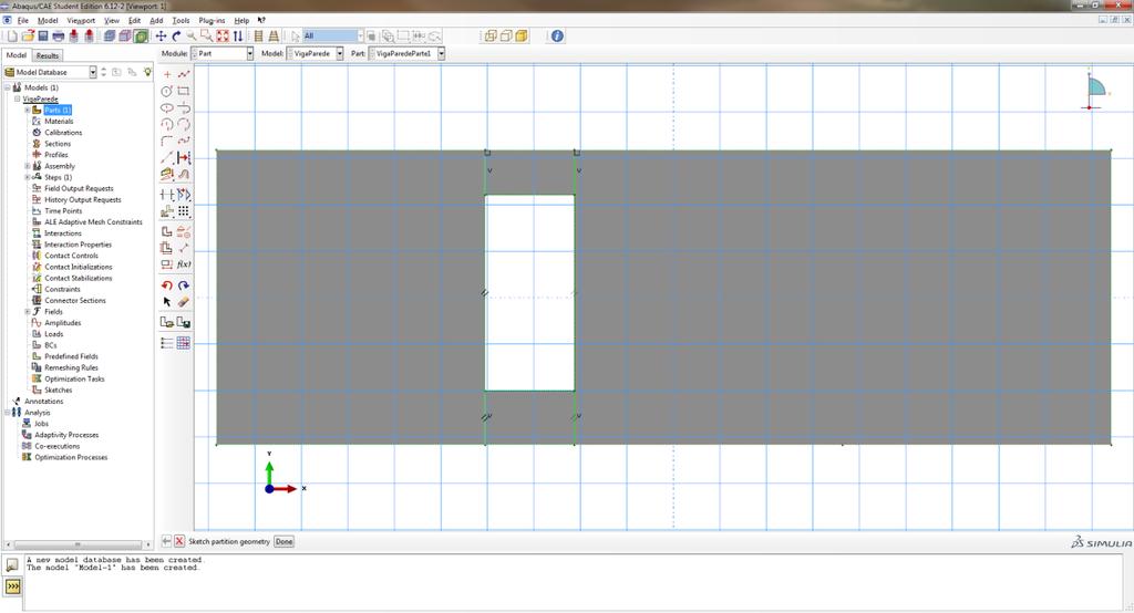 Na caixa de ferramentas, clique em Partition Face: Sketch, e com a ferramenta Create Lines: Connected ligue com 4 retas verticais os vértices da abertura até o perímetro superior e inferior da viga.