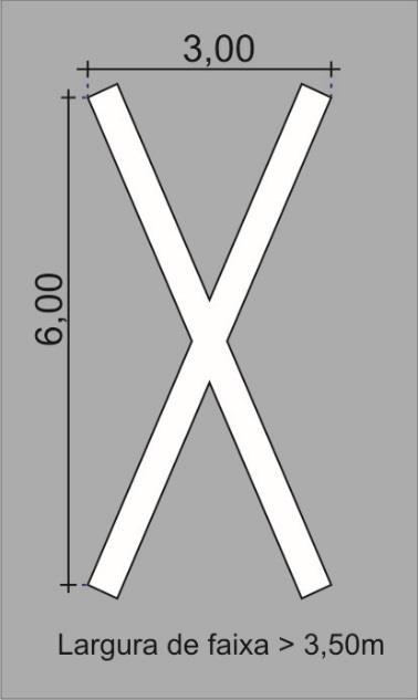 As dimensões do símbolo Cruz de Santo André variam de acordo com a largura da faixa de trânsito O símbolo deve estar centralizado na faixa de trânsito a que está destinado, Figura 3.