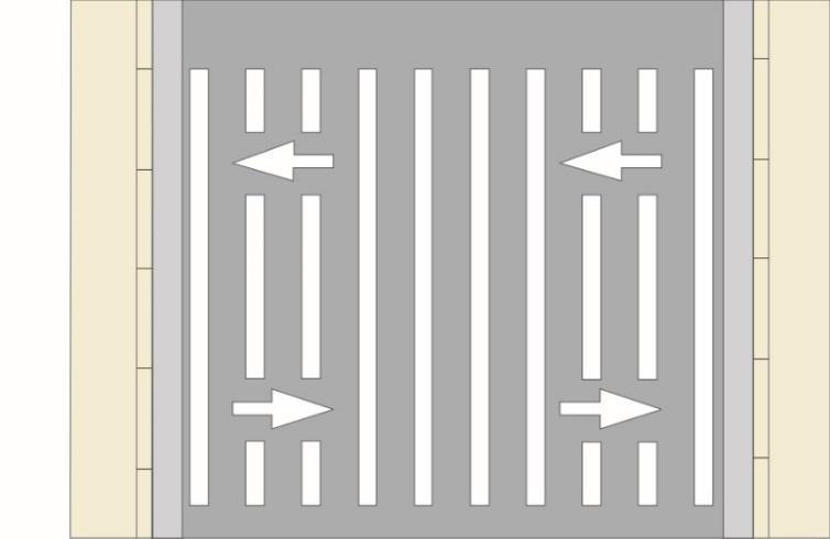 6.1.3 Seta direcional Fluxo de pedestres 6.1.3.1 Conceito Orientar o fluxo de pedestres em travessias extensas e com grande volume. 6.1.3.2 Características Cor: branca Dimensões: Comprimento C = 1,25m/2,0m e Largura L- = 0,50m, conforme desenho do Apêndice I.