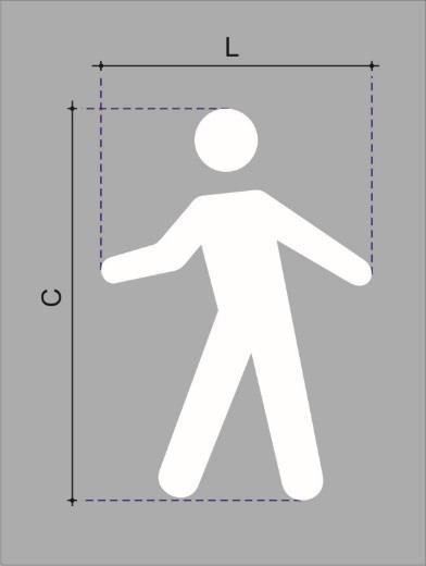 6.2.9 Símbolo Pedestre 6.2.9.1 Conceito Identifica a área destinada a circulação de pedestres. 6.2.9.2 Características Cor: branca Dimensões: Comprimento - C = 1,30m e Largura L = 1,90m, conforme desenho do Apêndice II.