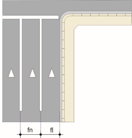 A largura da faixa é medida a partir do eixo da linha demarcadora de faixas até a guia ou eixo da linha de divisão e fluxos de mesmo sentido, Figura 2.