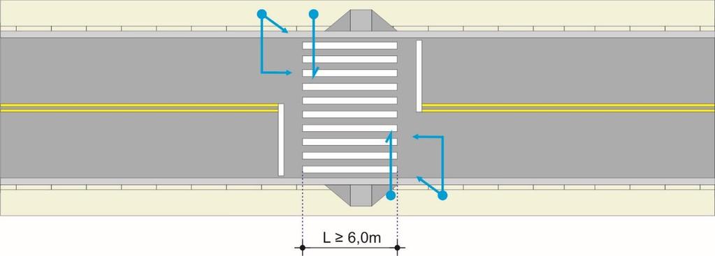 d) Canalização feita com prismas; Na faixa de pedestre deve ser deixado entre os prismas um espaço mínimo de 1,50m, recomendando-se um valor de 2,0m, centralizado com o eixo da faixa.