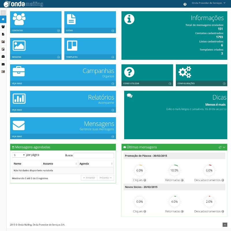 Relatórios, Mensagens, Como Utilizar e Configurações. Na caixa informações / Minha conta, mostra dados relevantes a sua conta no sistema e alguns dados estatísticos.