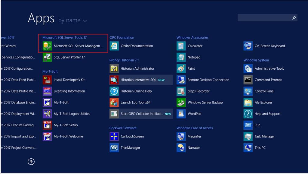 1. Configuração do Linked Server 1.1. A partir do menu Start -> Apps-> Microsoft SQL Server Management: NOTA: Você pode ter acesso a todos os aplicativos no Windows Server 2012 R2, clicando na seta