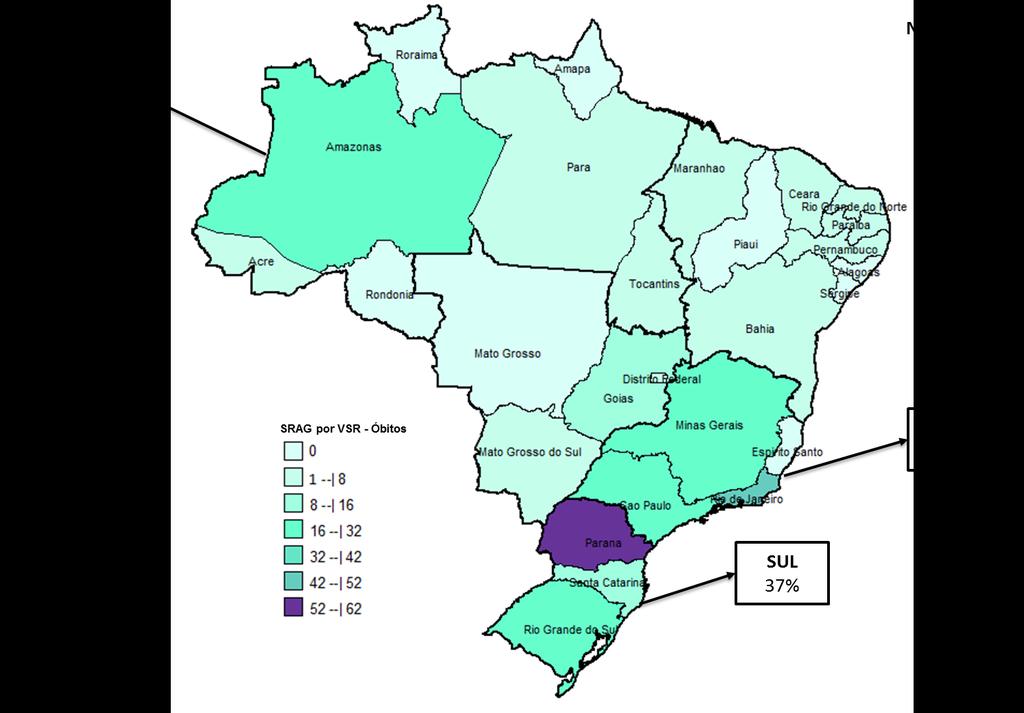Figura 10: Distribuição espacial dos óbitos de Síndrome Respiratória Aguda Grave por Vírus Sincicial Respiratório, segundo unidade federada de notificação. Brasil, 2015 a 2017.