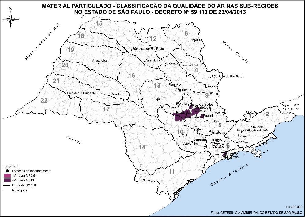 Figura 3 - Mapa do Estado de São Paulo com as regiões que apresentam comprometimento da qualidade do ar por material particulado FONTE: CETESB (2014) Região Metropolitana de São Paulo A Região