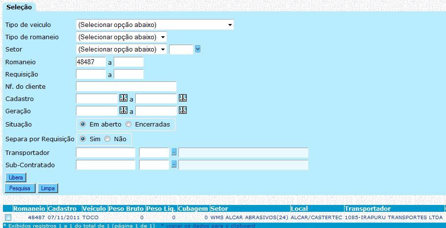 O operador de sistema / encarregado acessa: Suprimentos / Armazéns gerais WMS / / Emissão nota fiscal de retorno simbólico / Geração de NF de retorno