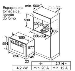 Profundidade do nicho, consultar o esquema de medidas da placa de cozinhar Distância mín.: placa de indução: 5 mm placa a gás: 5 mm placa elétrica: 2 mm 577 7,5 mín.