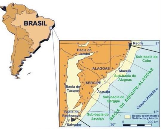 5. BACIA SERGIPE-ALAGOAS A Bacia Sergipe-Alagoas está situada na porção leste dos estados homônimos, na margem nordeste da costa brasileira, com sua parte aflorante ocorrendo entre as latitudes 9 e