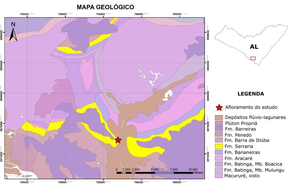 Figura 11 Mapa geológico da região do estudo e localização do afloramento analisado. Confeccionado a partir do banco de dados do Geobank da CPRM. Coordenadas do afloramento: UTM 757221/8874237.