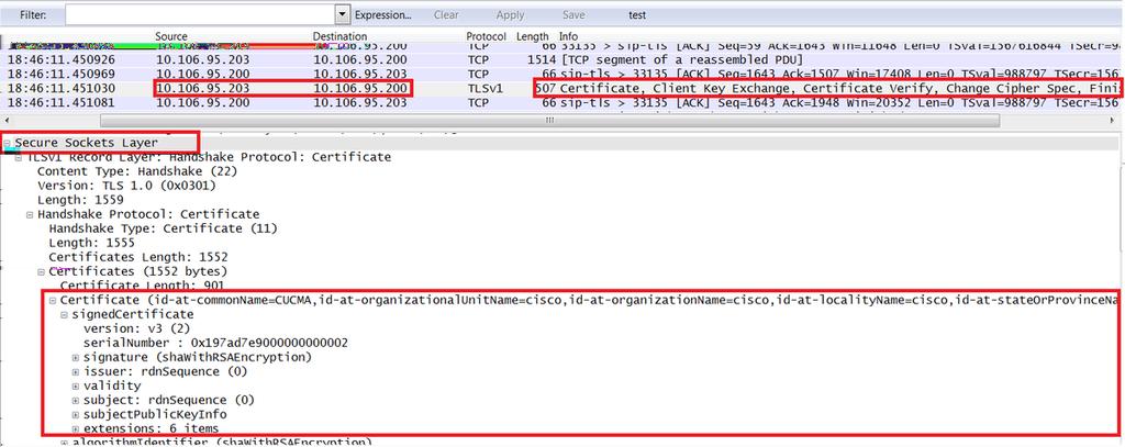 Se há uma má combinação entre os Certificados na captura de pacote de informação e os Certificados no página da web Admin do OS, a seguir os Certificados corretos não estão transferidos arquivos pela