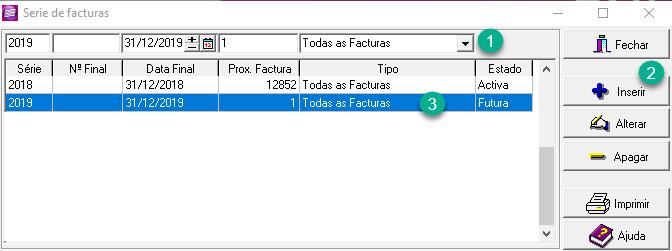 2 Deverá ser aberta uma nova série de faturas para faturação deste novo ano. Para tal deverá aceder a Arquivos\Parâmetros\Séries de Faturas (imagem 3).