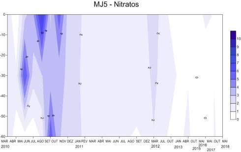 A Figura 17 ilustra a variação dos teores de nitrato com a profundidade ao longo das campanhas de monitoramento.