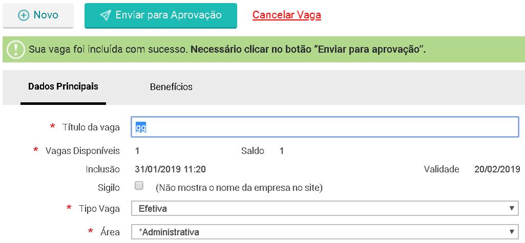 Informar o valor do salário. Preencher este campo com informações adicionais se houver necessidade. Selecionar o Estado da vaga. Selecionar a Cidade da vaga. Selecionar a escolaridade do candidato.