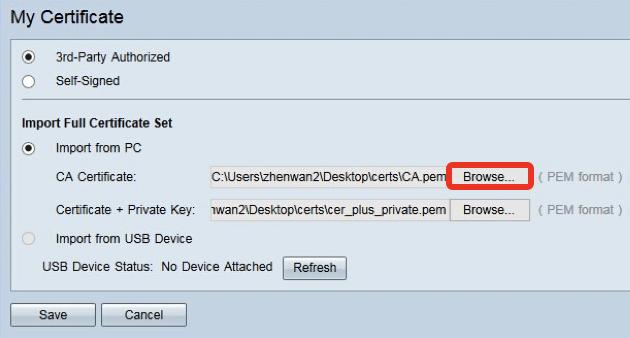 Etapa 6. Na área do certificado + de chave privada, o clique consulta e encontra o arquivo thecer_plus_private.pem. Nota: Se você está executando o firmware mais tarde do que 1.1.0.