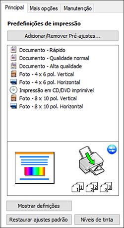 Você vê as opções de Predefinições de impressão disponíveis à esquerda: 2. Coloque o seu cursor sobre uma das Predefinições de impressão para ver uma lista de configurações. 3.