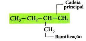 Cadeia normal: só aparecem carbonos primários e secundários. Cadeia ramificada: tem-se carbono terciário e/ou quartenário e surgem pequenos ramos.
