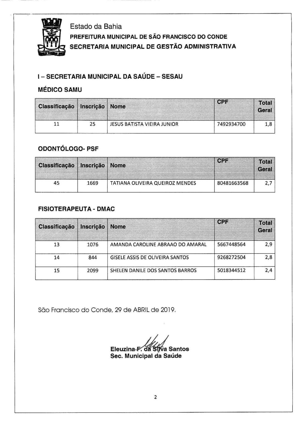 -6Prefeitura Municipal de São Francisco do Conde - BA Estado da Bahia PREFEITURA MUNICIPAL DE SÃO FRANCISCO DO CONDE l SECRETARIA MUNICIPAL DA SAÚDE - SESAU MÉMCOSAMU JESUS BATISTA VIEIRAJUNIOR