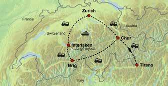 Bernina Express / Suíça Glaciares Suíços em trens panorâmicos Pacote de 5 Dias 1 Dia Zurique - Chur Retire a sua passagem de trem no balcão de SBB no aeroporto. Viagem à Chur.