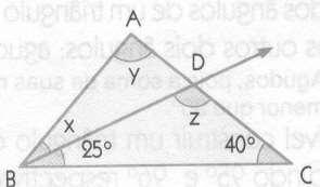 a) a = b b) c = 90 c) c = a + b d) e = a + b e) e + c = a + b 2) Determine, na figura abaixo, as medidas x, y e z indicadas 3) Na figura