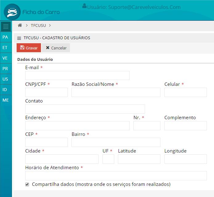 16 Usuários Tela 20 - Cadastro de Usuário Esta tela deve ser utilizada para o cadastro de usuários, sejam eles clientes finais que utilizarão o app "Ficha do