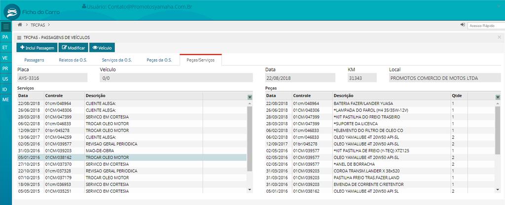7 Tela 05 - Peças da OS (Informações sobre peças aplicadas no veículo) Tela 06 -