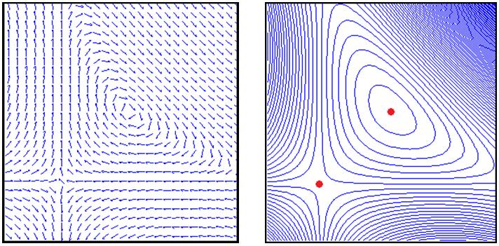 Funções de Difusão e Regiões de Zero de Campos de Vetores Planares 51 Figura 3.1: Campo de vetores e retrato de fase correspondente. Os pontos em vermelho representam as singularidades do campo.