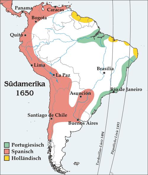 Este é um mapa da América do Sul, de 1650, com indicação das áreas de povoamento espanhol (em vermelho), português (em verde) e holandês (em amarelo).