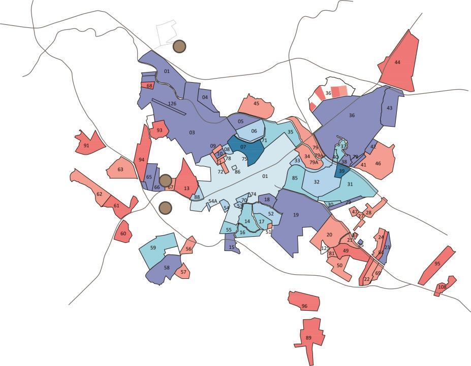 Mapa 6: Loteamentos existentes na cidade de Passo Fundo até a década de 1980 e localização dos EHIS implantados durante a década de 1980. Fonte: FERRETO, 2012. Adaptado pela autora.