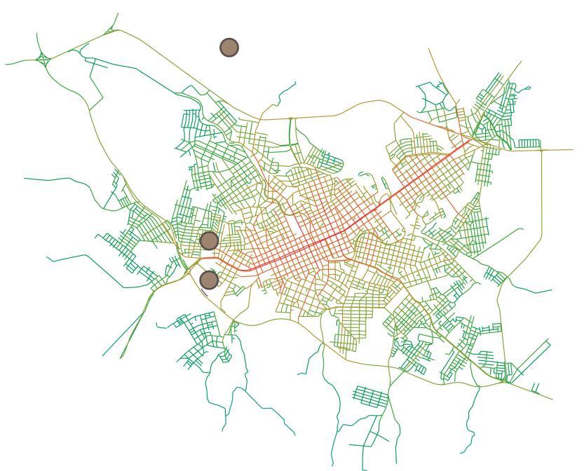 Mapa 7: Mapa de segmentos, medida de integração referente à década de 1980 e localização dos EHIS implantados durante a década de 1980. Fonte: produzido pela autora.