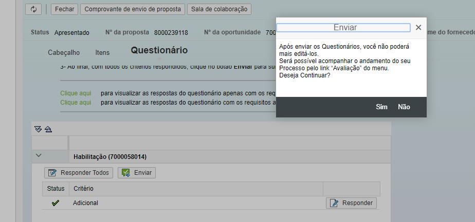 Habilitação Habilitação: Enviar questionário Uma vez enviado