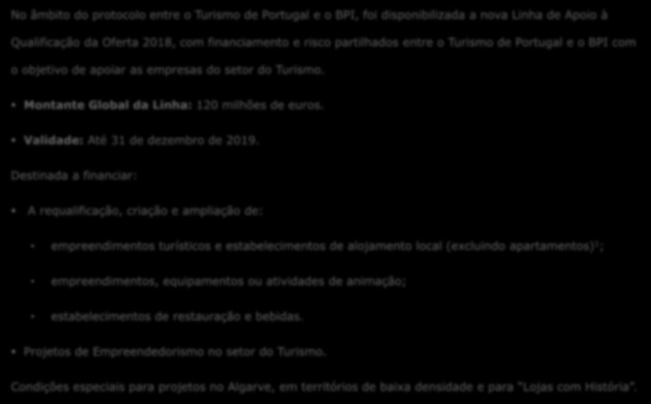 ENQUADRAMENTO E SÍNTESE No âmbito do protocolo entre o Turismo de Portugal e o BPI, foi disponibilizada a nova Linha de Apoio à Qualificação da Oferta 2018, com financiamento e risco partilhados