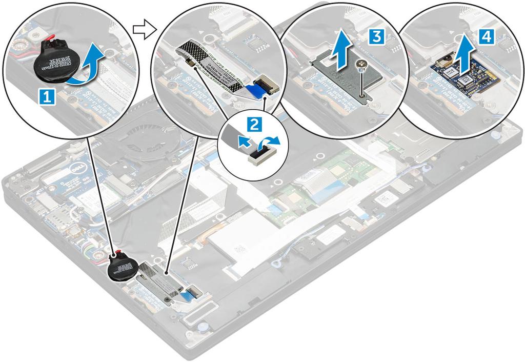 b Desconecte o cabo do leitor de impressão digital da respectiva placa e da placa de USH [2]. c Remova o parafuso M2 x 3 que prende o suporte do leitor de impressão digital [3].