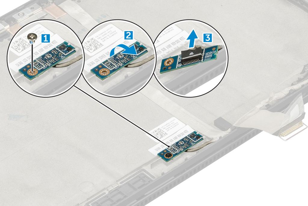 Como instalar a placa do sensor G 1 Coloque a placa do sensor G na tampa da tela. 2 Conecte o cabo da tela à placa do sensor G.