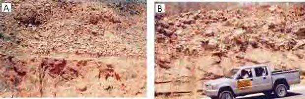 Figura 57 Depósitos produzidos por correntes (fluvial). A) seixos e blocos imbricados depositados sobre camada de arenito terciário (?