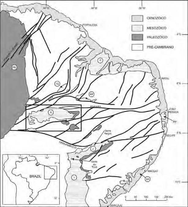 CEARÁ RIO GRANDE DO NORTE PARAÍBA PERNAMBUCO ALAGOAS SERGIPE Figura 1 - Bacias fanerozóicas da Região Nordeste do Brasil, com destaque para a Bacia do Araripe