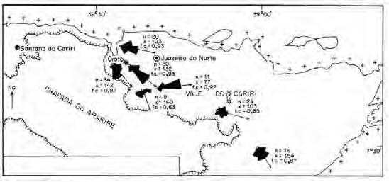 A Paleocorrentes da Formação Barbalha n= 14 x= 158 p= 01 n= 10 x= 123 p= 06 n= 29 x= 130 p= 122 n= 10 x= 142 p= 88 n= 25 x= 154 p= 83 n= 18 x=153 p= 127 B