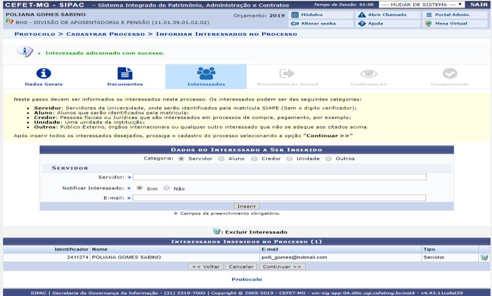 19- Na próxima tela, deverá ser inserido o interessado do processo que será o próprio